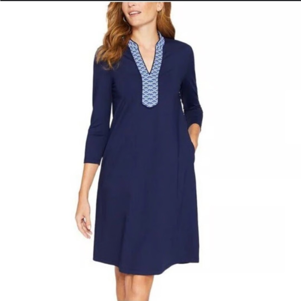 J. McLaughlin Navy Blue Mini Dress with Light Blue Trim